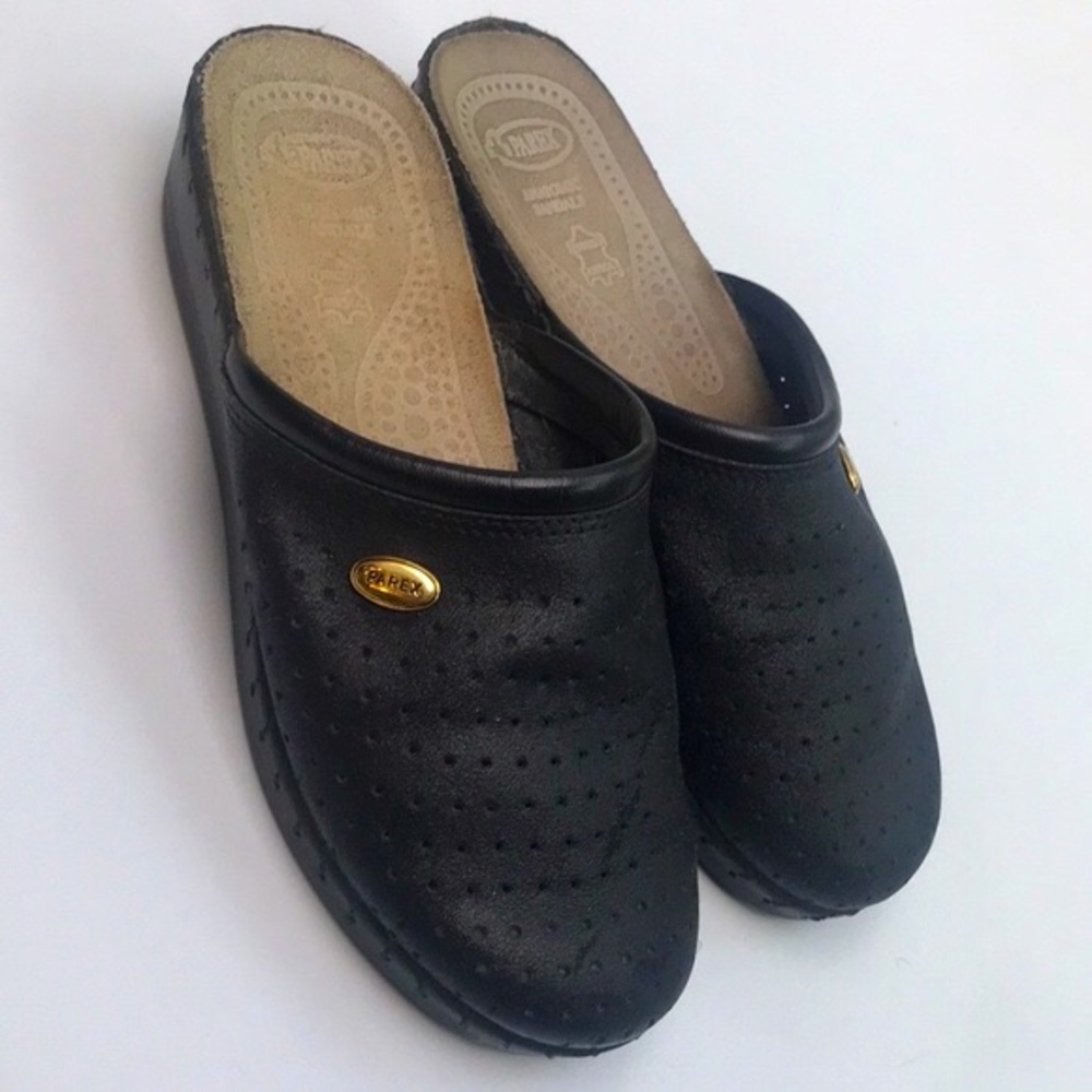 Parex Black Leather Slip-On Mules
